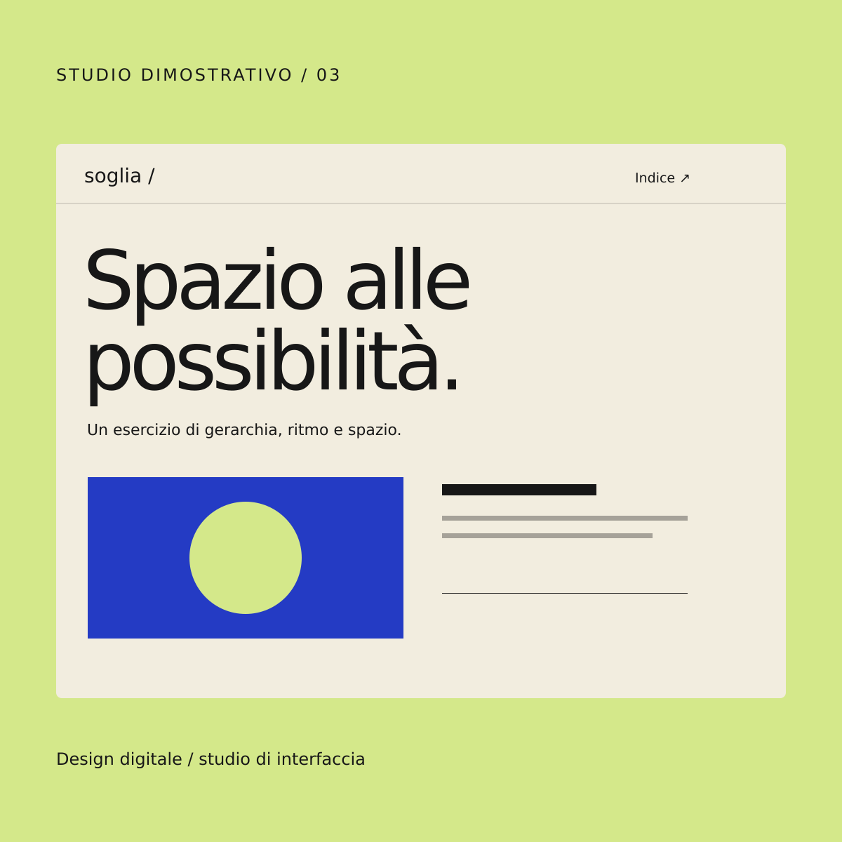 Studio Soglia: interfaccia illustrata color crema su fondo lime, con grande titolo nero e pannello cobalto.