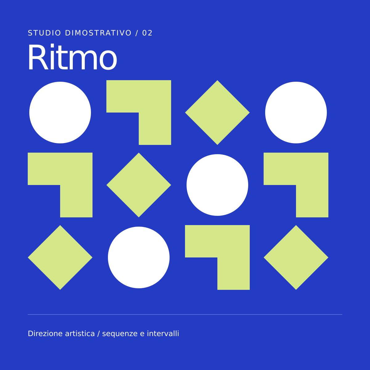 Studio Ritmo: sequenze di moduli lime e bianchi su fondo cobalto.
